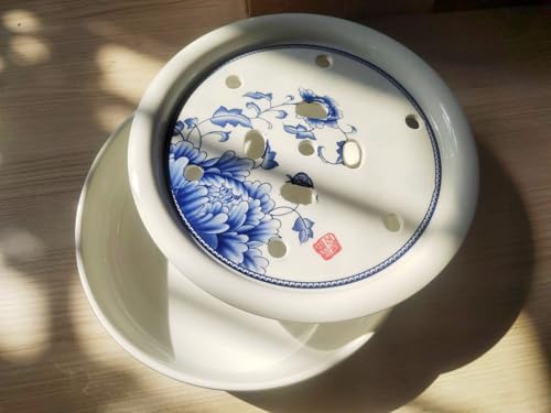 Image of Porcelain Tea Tray, Double-Layer Ceramic Tray Round Elegant Blue & White Design, Large Capacity Water Basin, Smooth & Easy to Clean