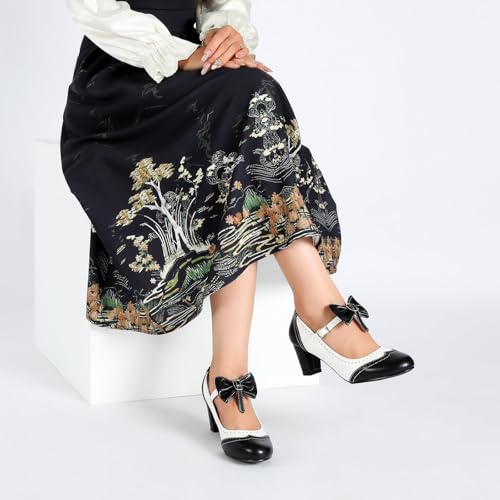 LIURUIJIA Women's Chic Bow Mary Janes Chunky Heels Ankle Strap Vintage Oxfords Pumps Cute Kawaii Dress Shoes2