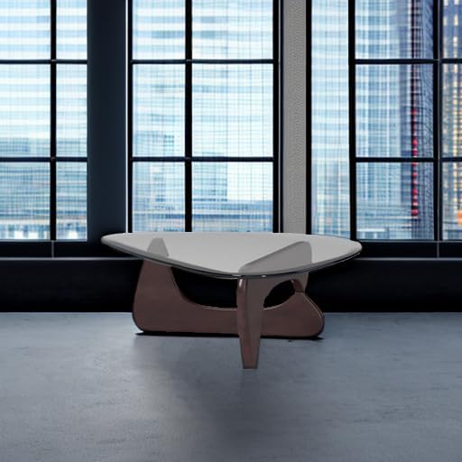 Triangle Coffee Table Modern Noguchi Vintage End Table, Solid Wood Base and Clear Glass Top Accent, for Living Room, Patio(Dark Walnut)