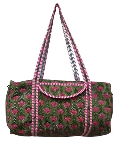 Quilted Cotton Duffle Bag Beautiful Flower Hand Block Printed Bag Handmade Shoulder weekender Travel Luggage Carry Overnight Bag (Design-10)