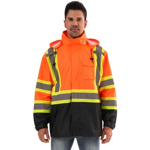 Image of Reflective Rain jackets for men waterproof,Hi Vis Safety Coat With Reflective Strips,High Visibility Class 3 Rain jackets With 2 large pockets,Zipper,Orange,LG /XL