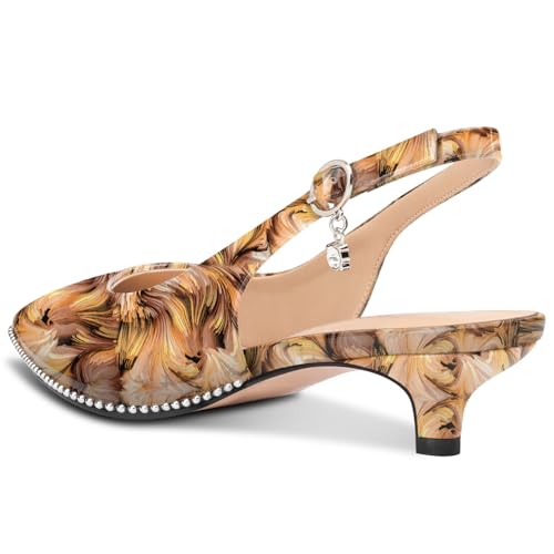 Image of TNYNFBEB Womens Low Kitten Heel Close Pointed Toe Pumps Slingback Silver Beaded Buckle Prom Party Dress Patent Leather 1.4 Inches Heels