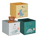 Relaxdays 3er Set, Kinder Aufbewahrungsboxen, süße Dino-Motive, Faltbox für Würfelregale, HBT: 30x30x30 cm, Textil, bunt
