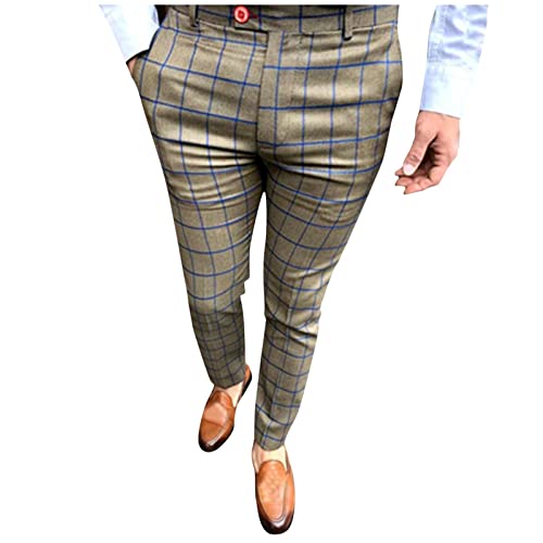 Mens Fashion Plaid Dress Pencil Pants Slim Fit Stretch Flat-Front Business Suit Pants Business Work Chinos Golf Pant