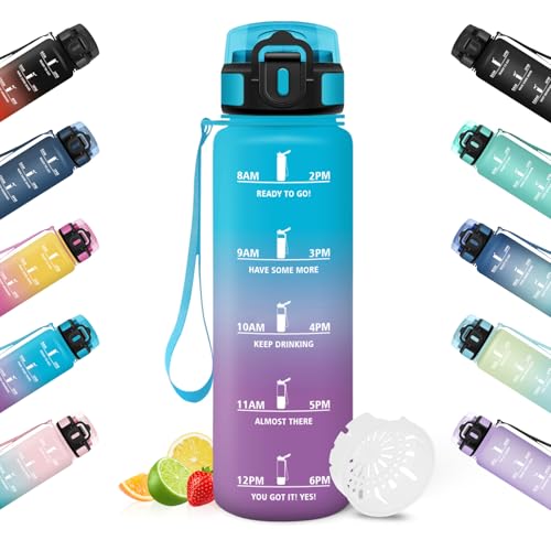 HoneyHolly Trinkflasche 1L, Zeitmarkierung, Wasserflasche, Auslaufsicher, Trinkflasche Sport, Wiederverwendbar, Water Bottle für Fitnessstudio, Radfahren, Büro, Outdoor, Wasserflasche Auslaufsicher