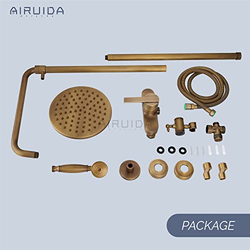 Airuida Antique Brass Exposed Pipe Shower System Shower Fixture Single Handle 8 Inch Rainfall Shower Head Shower Faucet Adjustable Shower Head Bar Modern Dual Functions Combo Unit Set #TOP7