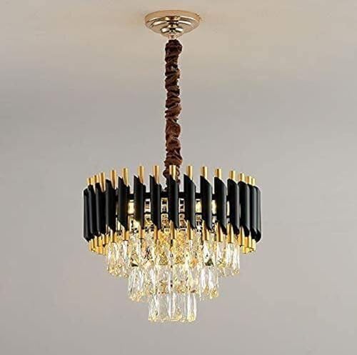 Image of Modern 3-Tiers Crystal Pendant Light Black Gold Round Ceiling Light Fixture (Antique, 400mm), 3 Colors Led Plate Included Warm White, Natural Light, Chandelier Light (L-40*B-40*H-70 Cm) A