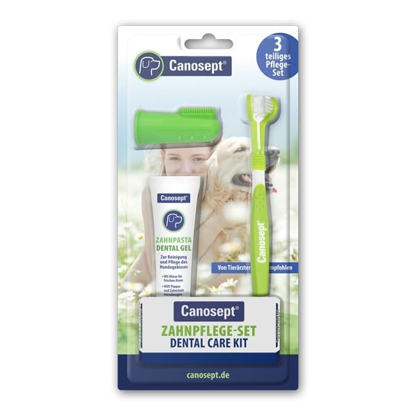 Canosept Zahnpflege-Paket inkl. Dr. Fressnapf Online-Tierarzt Beratung für Hunde - Hundezahnbürste – Hundezahnpasta – Fingerlinge Hunde - Zahnbürste Hund - Hunde Zahnpflege