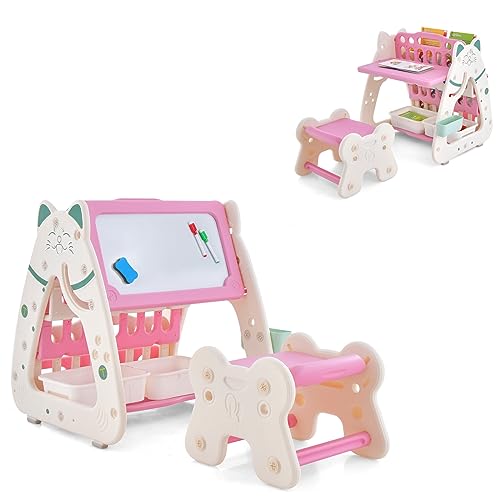 LIFEZEAL Chevalet Magnétique pour Enfants, Tableau Enfant 56x54x63 CM, Bibliothèque Enfant en Bois avec Tabouret Réglable, Bureau de Dessin et d’Ecriture pour Enfants 1-5 Ans (Rose+Blanc)
