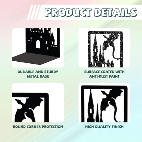 Peacoblue Metal Bookends for Shelves Room Decorative, Creative Heavy Duty Study Bookends Stoppers Holder Stand for Desk Shelf 4.7"x3.5"x7" Book Ends to Support Books, 1 Pair(Dragon Castle) - Image 4