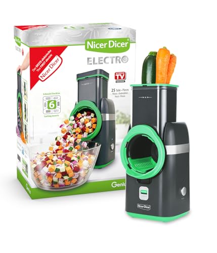 Nicer Dicer Electro Gemüsehobel elektrisch 25 tlg, Gemüseschneider automatisch, Käsereibe für Gemüse, Obst, Nüsse, 6 Extrascharfe Einsätze, Ein-Knopf, Einfache Reinigung, Leistungsstark