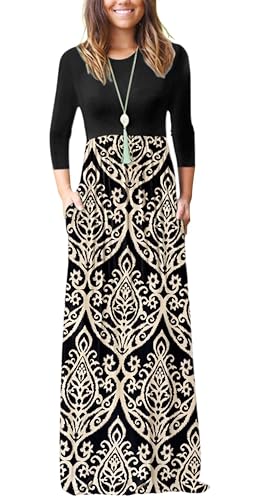 Image of WNEEDU Women's 3 /4 Sleeve Casual Loose Long Maxi Dresses with Pocket