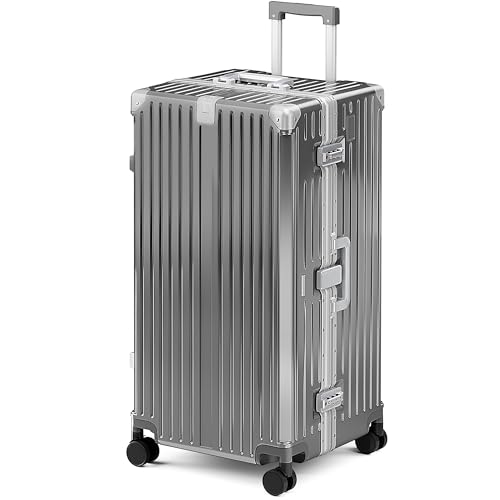 Image of ALPHA CAMP Trunk Luggage, Large 30 Inch Thickened Aluminum Frame Luggage with TSA Spinner Wheels, 3-Layer PC Hardside Zipperless Travel Suitcase, Type-C USB Charging Port, Cup Holder， Grey