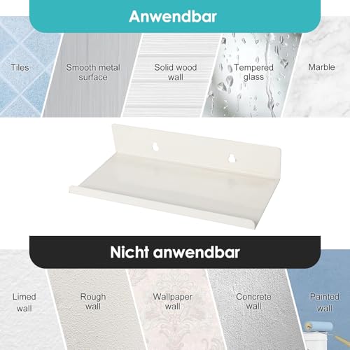 QITIXI:OU 2 Stück 20cm Weiß kleine Wandregale, Selbstklebend Kleines Wandregal Schwarz Metall, Schwebendes Regal Badezimmer, Maximale Belastung 10 kg, Ohne Bohren Regal Wand Bad für Bad Küche Büro