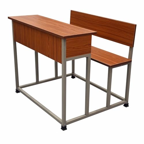 Image of ALKOSIGN Double Student Bench with Side Closed Shelf - Prelam Partical Board Natural Teak Top with Beige Powder Coating (90 CM) | for Classes 3rd to 7th | for School, Tuitions etc
