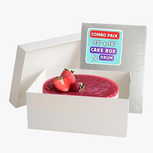 Pack N Trade Cake Box & Drum Set – Oblong Cake Box 16×12×6 with Lid + 13 mm Thick Cake Drum | Sturdy Transport & Elegant Display for Wedding, Birthday & Celebration Cakes