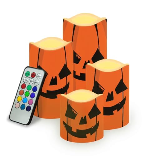 Image of Halloween Pumpkin LED Flameless Candles | 4 Pack LED Flickering Battery Operated Color Changing Electric Pillar Candles for Living Room Halloween Home Decoration