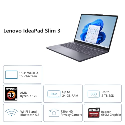 Image of Lenovo IdeaPad Slim 3 Business Laptop | 15.3 inch WUXGA IPS Anti-Glare Touchscreen | AMD 8-core Ryzen 7 170 | 24GB DDR5 512GB SSD | Type-C Privacy Camera Long-Lasting Battery Win11 w /DLCA Accessor