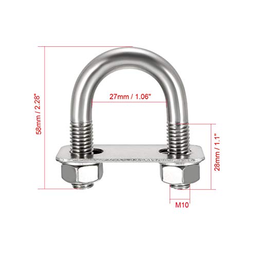 Image of uxcell u-Bolts 2Pcs 1.06 inch(27mm) Inner Width 58mm Length M10 304 Stainless Steel Round U Bolt with Nuts Washers Frame