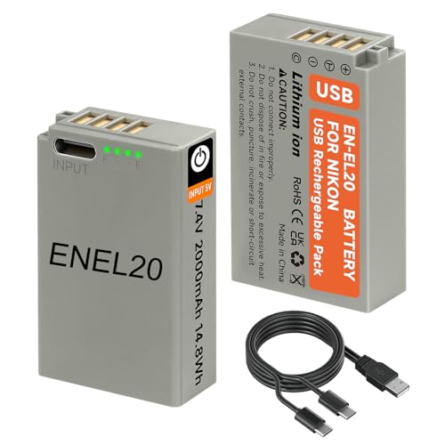 Palogreen 2Pcs ENEL20 EN-EL20a Baterías de Repuesto con LED y Cable de Carga USB-C para Nikon Coolpix P950, P1000, P1100, Coolpix A, 1 J1, 1 J2, 1 J3, 1 S1, 1 V3, DL24-500, 1 AW1