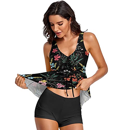 Image of Modest Tankini Swimsuits for Women Two Piece Bathing Suits Floral Print Tank Top with Boyshorts Tummy Control Swimming Suits