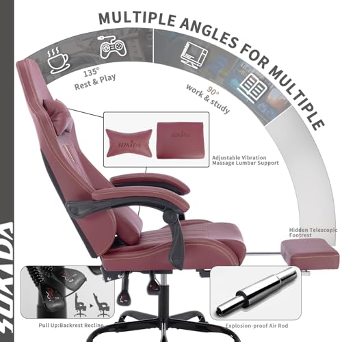 Image of Gaming Chair with Footrest Ergonomic Computer Chair Massage Lumbar Cushion, Racing Video Game Chair Adjustable Rocker Recliner Executive Office Desk Chair Pu Leather for Adults, WineRed