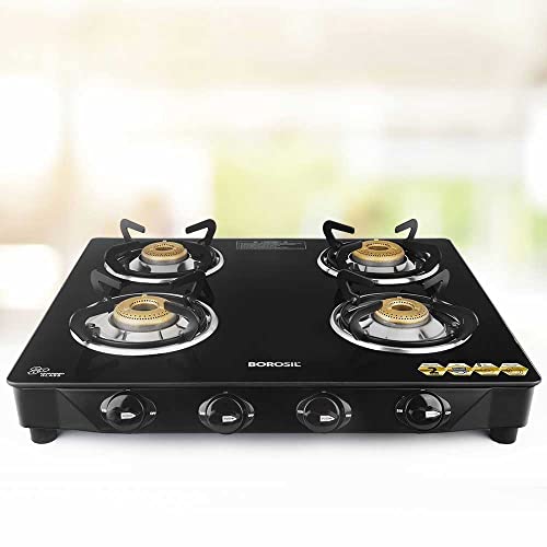 Borosil Magnum Gas Stove, 4 Burner Glass Top Gas Stove For Kitchen, Manual Ignition, ISI Certified, Black