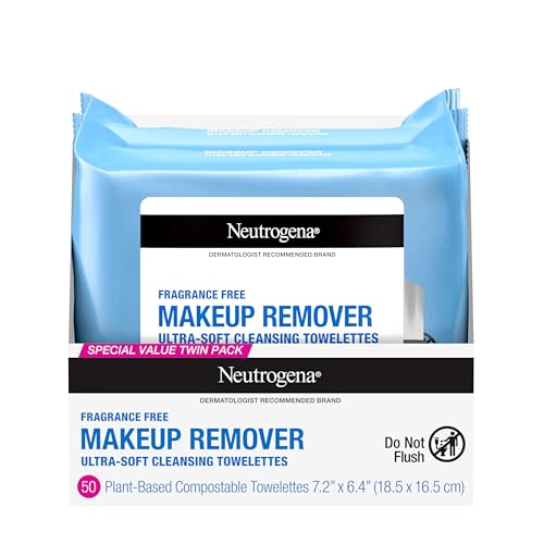 Neutrogena Fragrance-Free Makeup Remover Wipes, Alcohol-Free, Plant-Based, Twin Pack (50 Total)
