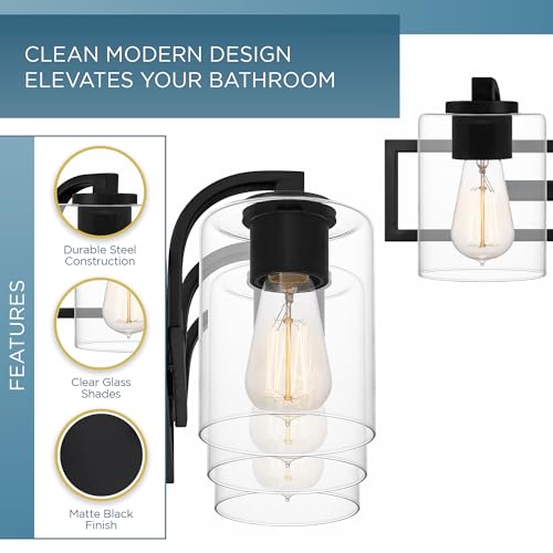 Image of Quoizel Lansdowne Modern Bath Vanity Lights, 24 Inch 3-Light Matte Black Lighting Fixtures Over Mirror, Clear Glass Shade, 100W, Decorative Wall Light for Bathroom, Dresser, Kitchen or Hallway