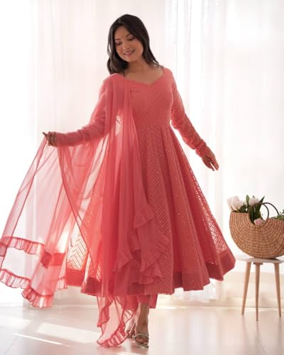 Image of Women's Heavy Faux Georgette Embroidery Work Anarkali and Set Beautiful Dupatta Traditional for Women Any Occasion Lehenga choli
