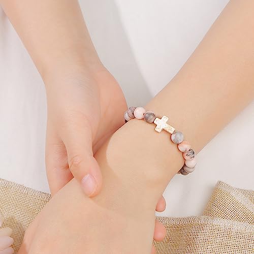 JoycuFF 𝗖𝗵𝗿𝗶𝘀𝘁𝗶𝗮𝗻 𝗚𝗶𝗳𝘁𝘀, Cross Bracelets for Women, Faith Religious Easter Catholic Christian Jewelry, Meaningful Baptism Communion Confirmation Natural Stone Bracelets for Women2