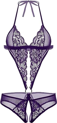Image of Women Deep V Imported Lingerie Lace Teddy One Piece Babydoll Mini Bodysuit Sleepwear Swimwear
