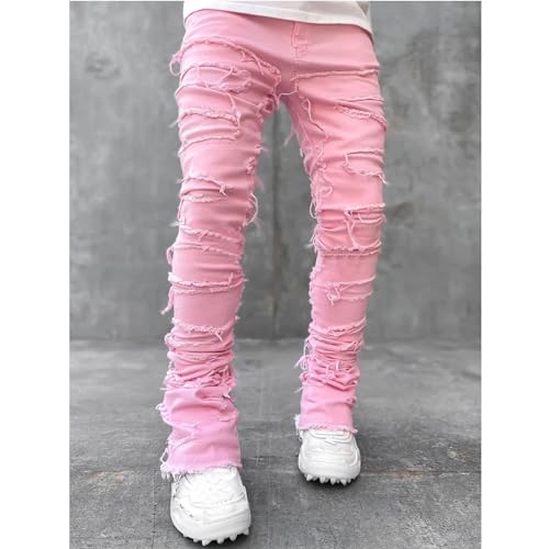 Mens Stacked Jeans Straight Leg Y2K Casual Hip Hop Slim Fit Ripped Jeans Fashion Cool Destroyed Streetwear Denim Pants3