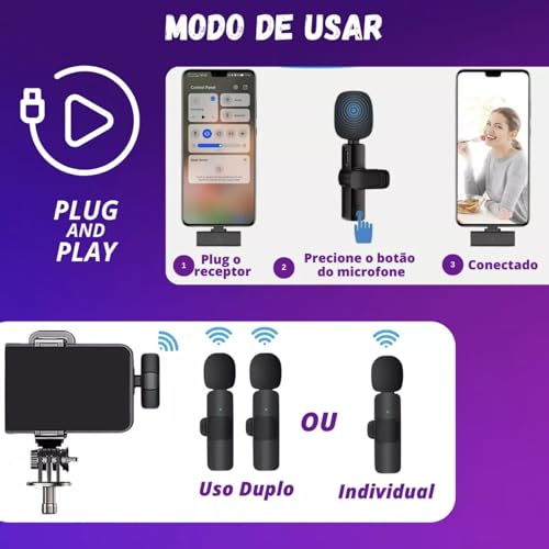 Microfone de lapela sem fio para telefone tipo C, microfone sem fio Plug-Play com 2 microfones para