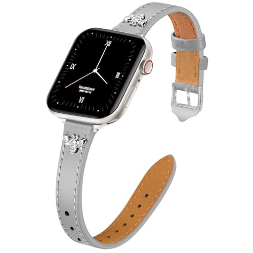 Image of JR.DM Slim Leather Bands Compatible with Apple Watch Band 38mm 40mm 41mm 42mm 44mm 45mm 46mm 49mm, Genuine Leather Band with Charms, Feminine Design for Iwatch Ultra SE Series 11 10 9 8 7 6 5 4 3 2 1