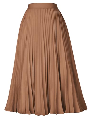 GRACE KARIN Womens Elastic High Waisted A Line Pleated Shirring Midi Long Skirt Deep Khaki L