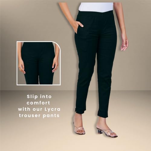 Image of Happy Bunny Cotton Blend Lycra Kurti Pants for Women, Soft 30% Stretch Full Length Trousers with Elastic Waist & Zip Pocket, Ideal for Office, Work, Casual, Home Wear Breathable Slim Fit