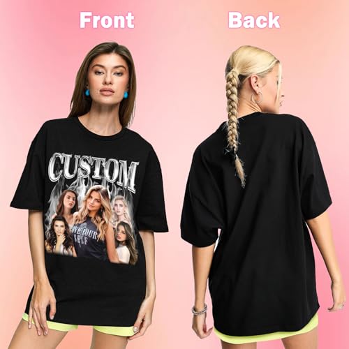 LucBuy Personalisierte T-Shirts, Individuelles Retro Bootleg Rap Sweatshirt mit Gesichts Fotos Text in Übergröße, Lässiger Rundhalsausschnitt überschnittene Schultern lockere Hoodies Geschenke (A3)