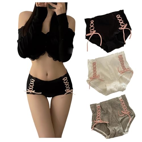 Breathable Cotton Underwear for Teen Girls Cute Bow Tie Panty Set Japanese Style Frill Trim Mid Waist Brief