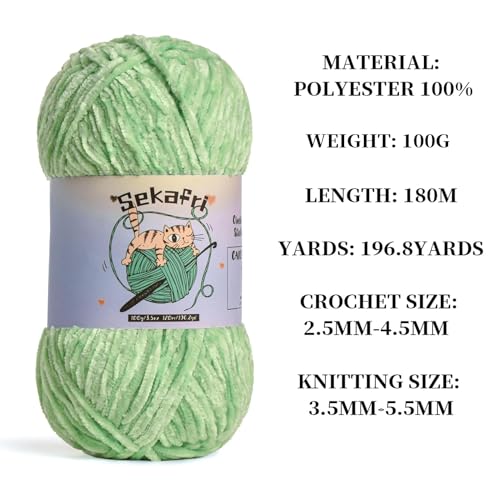 Image of 3 Pack of 300g (590yds) Fuzzy Chenille Yarn for Crocheting,Fluffy Amigurumi Crochet Yarn for DIY Craft /Hat /Clothes, Soft Velvet Baby Blanket Yarns(3 Light Green)