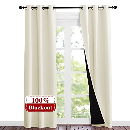 Image of NICETOWN Living Room Completely Shaded Draperies, Privacy Protection & Noise Reducing Ring Top Drapes, Black Lined Insulated Window Treatment Blackout Curtain Panels (Beige, 2 Pieces, W37 x L84)