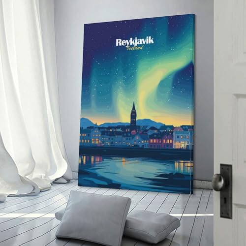 Tableau sur toile aurore boréale Reykjavik déco murale salon effet 3D 30x45