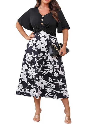 ZNU 2025 Plus Size Floral Summer Dress for Curvy Women - Elegant V Neck Party Casual Midi Dress with Pockets Short Sleeve