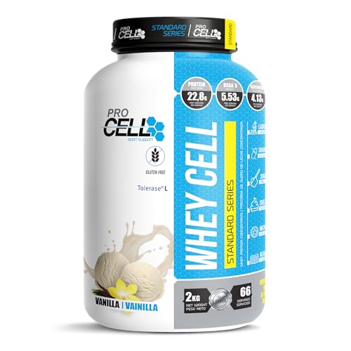 WheyCell | Proteína Whey Pura (2kg / 66 Servicios) - Sabor Vainilla - 100% Concentrado de Suero de Leche Premium para Aumentar Masa Muscular - 22g de Proteínas por Servicio - Sin Gluten