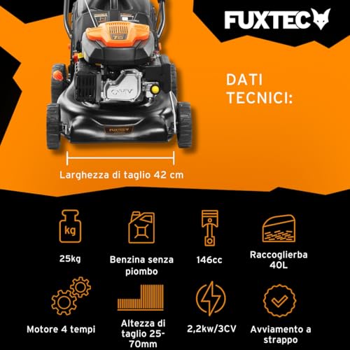 Tagliaerba a benzina a spinta FUXTEC FX-RM4346ECO tosaerba a motore a scoppio 146cc larghezza di taglio 42cm - Easy Clean - sacco raccoglierba 40L - 3