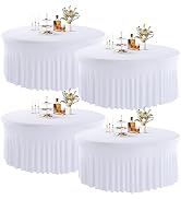 JCJ 4 Pack Round Tablecloth 72 inch, White Spandex Fitted Table Cover with Skirt for 6ft Table We...
