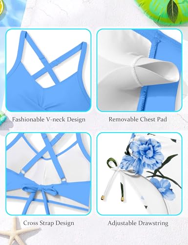 Image of Teen Girls Swimsuits V-Neck Bikini Set Bathing Suits Cross Straps Two Piece Swimwear with Drawstring