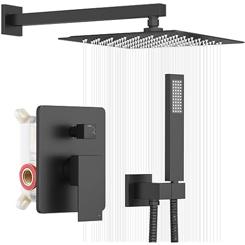 ESNBIA Black Shower Faucet Set, 12 Inches Rainfall Shower System with Rain Shower Head and Handle Set, All Metal Shower Fixtures with Pressure Balance Shower Valve, Matte Black Cover