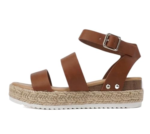 Soda BRYCE-2 Kids/Children/Girls Open Toe Two Bands Espadrille Jute Platform Wedge Casual Fashion Flatform Sandals with Buckle Ankle Strap