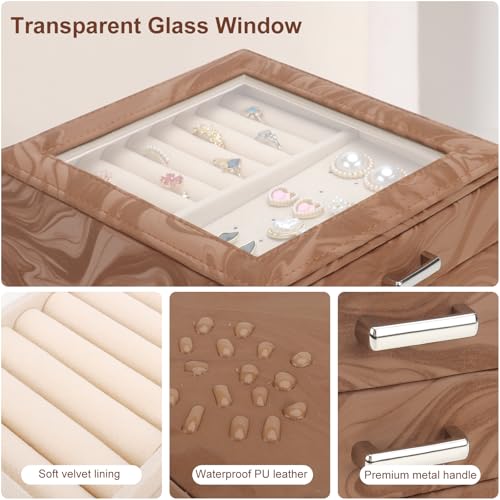 DesignSter Small Jewelry Box Organizer Case w/ 3 Side Drawers & Transparent Display Window (Brown) - image 4